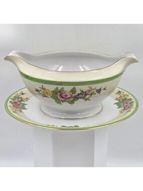 Celebrate Round Gravy Boat Attached Underplate Green & Cream Band Floral Sprays